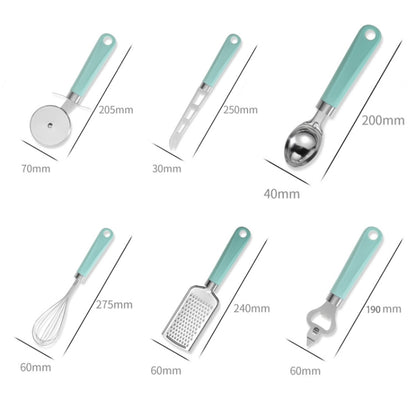 9 in 1 Plastic Handle Stainless Steel Kitchen Utensils Household Gadget Set, Cyan, Black