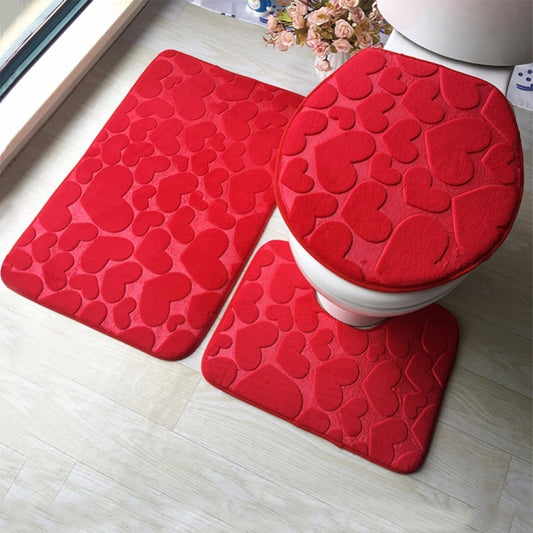 1 Set Three-Piece Set Flannel Anti-Slip Kitchen Bath Toilet Rug Mat Washable Carpet, White Printing, Purple Flower, Blue Cobblestone, Red Heart, Rose Red Flower