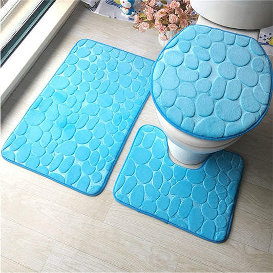1 Set Three-Piece Set Flannel Anti-Slip Kitchen Bath Toilet Rug Mat Washable Carpet, White Printing, Purple Flower, Blue Cobblestone, Red Heart, Rose Red Flower