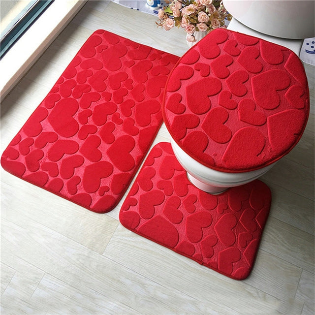 1 Set Three-Piece Set Flannel Anti-Slip Kitchen Bath Toilet Rug Mat Washable Carpet, White Printing, Purple Flower, Blue Cobblestone, Red Heart, Rose Red Flower