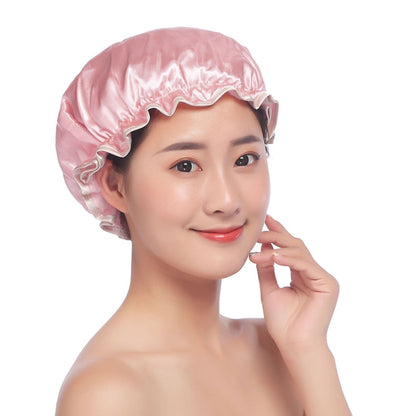 Lovely Thick Women Satin Colorful Double Waterproof Hair Cover Bathing Cap, Pink, Gold, Grey