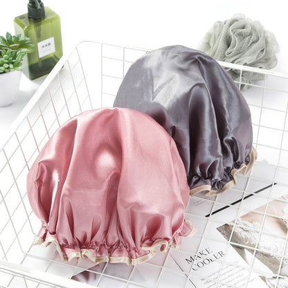 Lovely Thick Women Satin Colorful Double Waterproof Hair Cover Bathing Cap, Pink, Gold, Grey