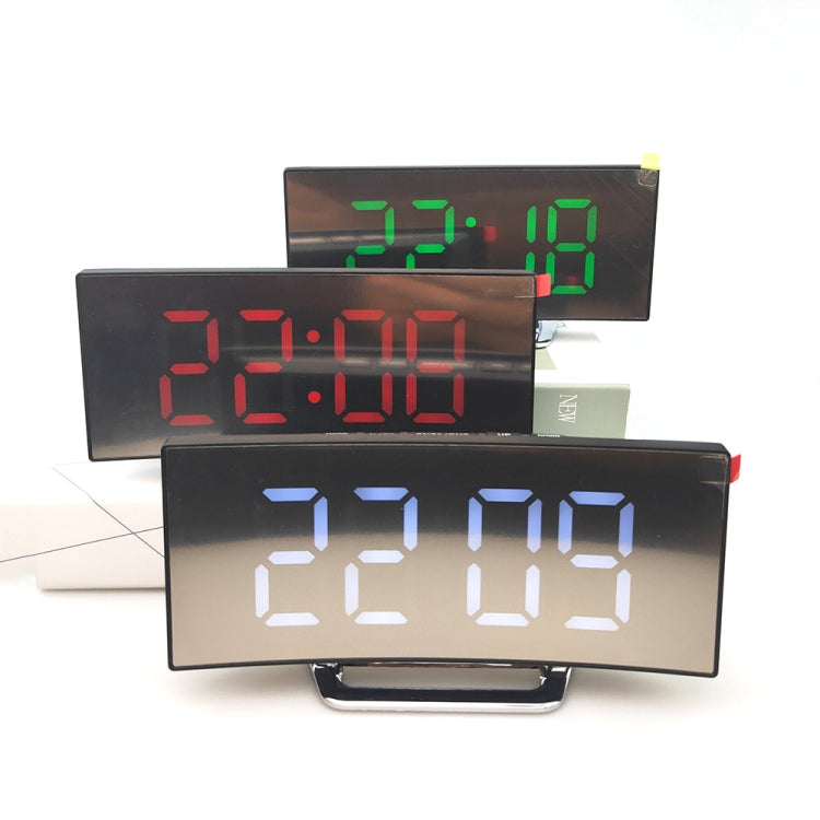 6507 ساعة إلكترونية منحنية بشاشة كبيرة LED مرآة منبه صامت، أبيض، أحمر، أخضر