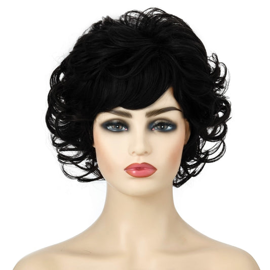 Ladies Fluffy Short Curved Head Set Chemical Fiber Wig, Black, Brown, Silver Gray