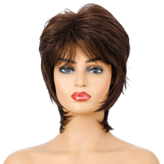 Women Short Hair Wig Full Bangs Chemical Fiber Hair Cover, Brown