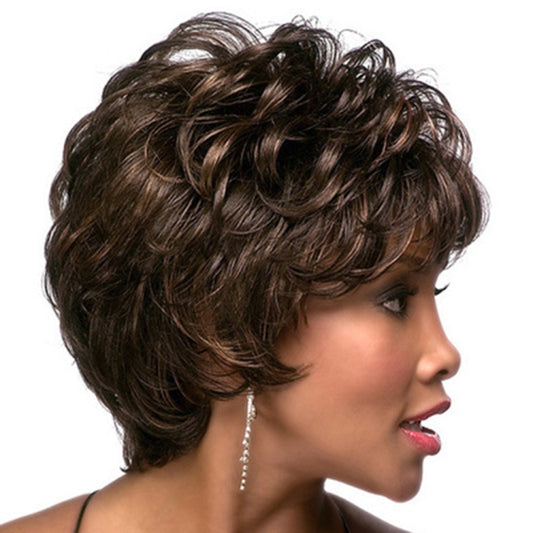 Ladies Oblique Bangs Fluffy Pick Color Wig Short Curly Hair Hood