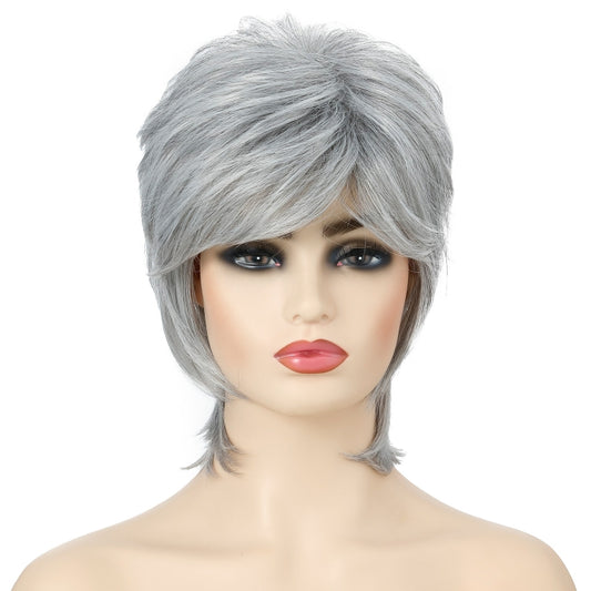 Short Hair Female Wigs Fluffy Fiber Set, Silver White