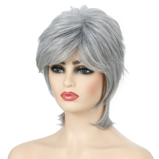 Short Hair Female Wigs Fluffy Fiber Set, Silver White