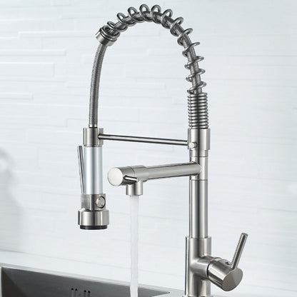 Copper And Nickel Brushed Double Outlet Spring Faucet Rotatable Kitchen Hot And Cold Water Faucet, Brushed Silver