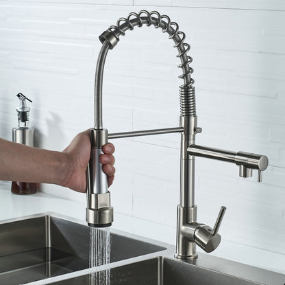 Copper And Nickel Brushed Double Outlet Spring Faucet Rotatable Kitchen Hot And Cold Water Faucet, Brushed Silver