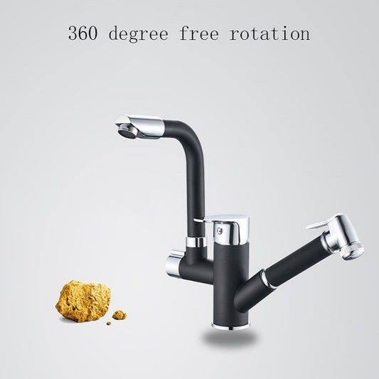Kitchen Pull-Out Double Faucet Water Table Hot And Cold Water Faucet, Wheel Bending Pull, Round Spray Pull, Cube Spray Pull