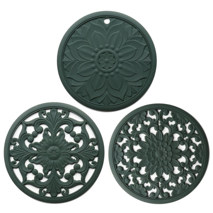 3 in 1 Hollow Flower Silicone Heat Insulation Pad Anti-Scalding Pot Bowl Pad Set, Black, Yellow, Blue, Green, Purple, Gray