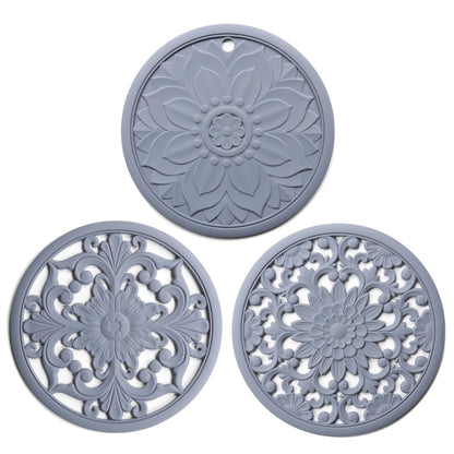 3 in 1 Hollow Flower Silicone Heat Insulation Pad Anti-Scalding Pot Bowl Pad Set, Black, Yellow, Blue, Green, Purple, Gray