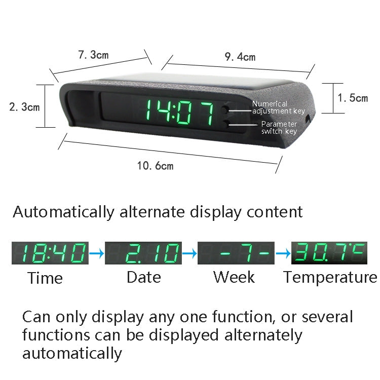 Solar Night Light Car Clock Automotive Electronic Clock Temperature, Time+Date+Week+Temperature