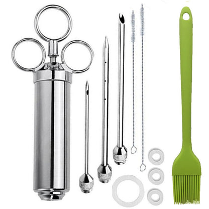 Stainless Steel Seasoning Steak Syringe Turkey Needle Set With Cleaning Silicone Brush