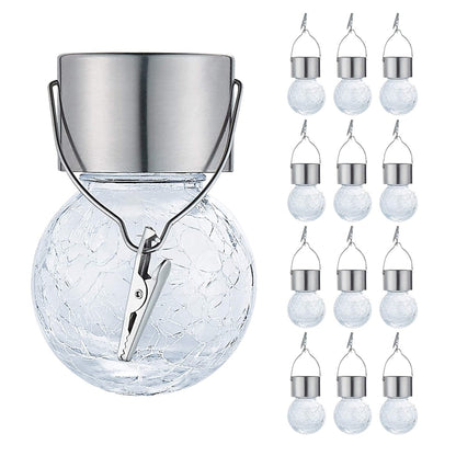 12 PCS Crackle Ball Solar Chandelier Outdoor Garden Courtyard Holiday Decoration Light With Clip