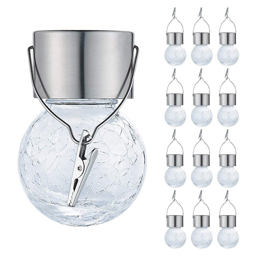 12 PCS Crackle Ball Solar Chandelier Outdoor Garden Courtyard Holiday Decoration Light With Clip