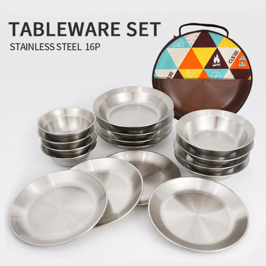 CLS Outdoor Stainless Steel Tableware Portable Camping Dinner Bowl Plate Kit