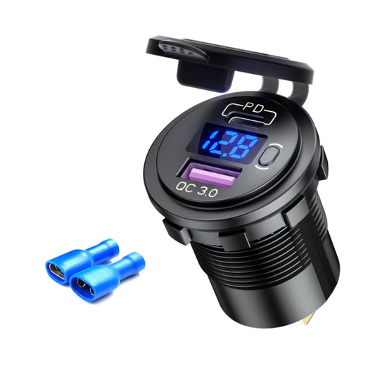 شاحن سيارة USB معدل 12 فولت مع شاشة عرض الجهد ومقبس PD QC3.0، مع ضوء أزرق طرفي، مع ضوء أحمر طرفي، مع ضوء أخضر طرفي، مع ضوء أزرق خط 60 سم، مع ضوء أحمر خط 60 سم، مع ضوء أخضر خط 60 سم