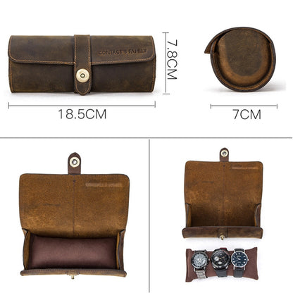CONTACTS FAMILY CF1117  Retro Crazy Horse Texture Leather Watch Box Round Buckle Storage Box,Capacity: Can Hold 3 Watches, CF1117