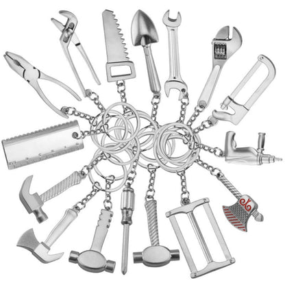 10 PCS Tool Metal Keychain Car Key Ring Pendant, H-540 Activity Wrench, H-389 Hex Wrench, H-391 Glossy Ax, H-388 Thread Ax, H-395 Double Head Wrench, H-405 Double Row Saw, H-402 Hand Saw, H-541 Crooked Nose Pliers, H-399 Pliers, X-396 Vise, H-556 Shove...