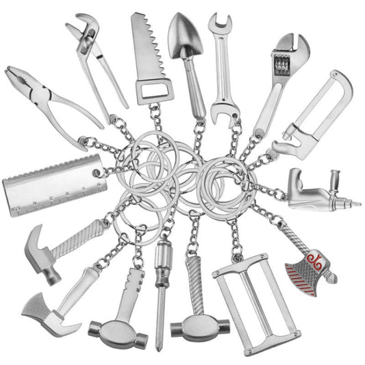 10 PCS Tool Metal Keychain Car Key Ring Pendant, H-540 Activity Wrench, H-389 Hex Wrench, H-391 Glossy Ax, H-388 Thread Ax, H-395 Double Head Wrench, H-405 Double Row Saw, H-402 Hand Saw, H-541 Crooked Nose Pliers, H-399 Pliers, X-396 Vise, H-556 Shove...