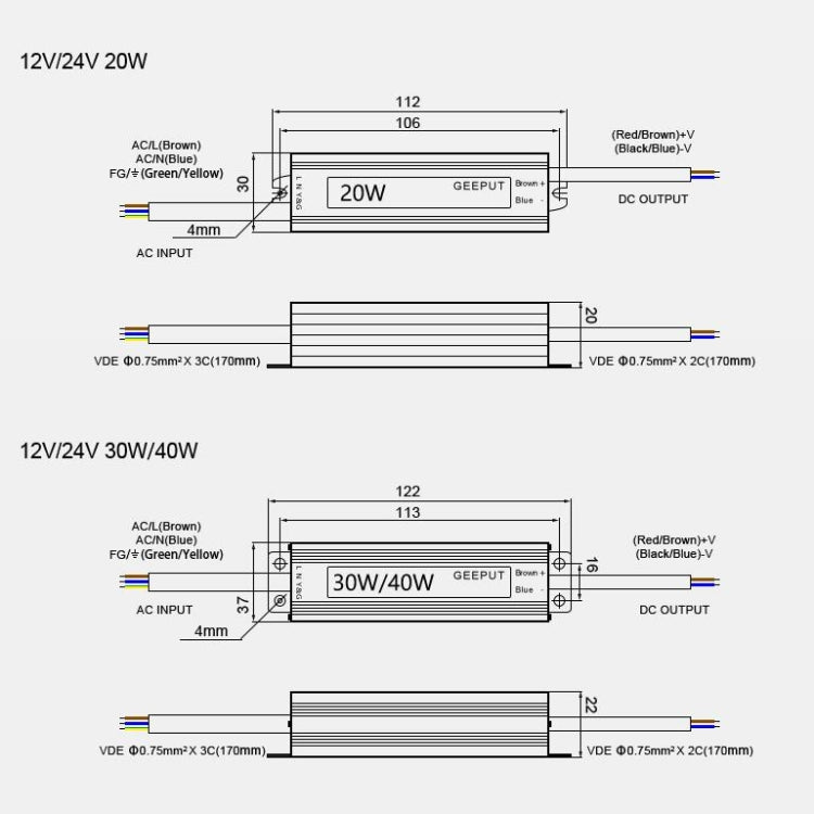 GEEPUT 220V Turn 12V LED Waterproof Power Supply Transformer, 1.67A 20W, 2.5A 30W, 3.33A 40W, 4.16A 50W, 5A 60W, 6.67A 80W, 8.33A 100W, 10A 120W, 12.5A 150W, 16.7A 200W, 21A 250W, 25A 300W, 29A 350W, 33.4A 400W, 41.7A 500W, 50A 600W