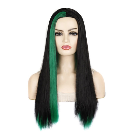 Fashion Medium Haircut Side Bangs Highlight Color Long Straight Wig, Black Ink Green, Black Royal Blue, Black Light Purple, Black Volet, Black Rose Red, Black Pink