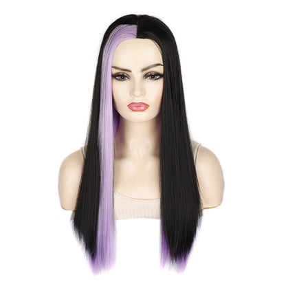 Fashion Medium Haircut Side Bangs Highlight Color Long Straight Wig, Black Ink Green, Black Royal Blue, Black Light Purple, Black Volet, Black Rose Red, Black Pink