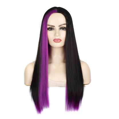 Fashion Medium Haircut Side Bangs Highlight Color Long Straight Wig, Black Ink Green, Black Royal Blue, Black Light Purple, Black Volet, Black Rose Red, Black Pink