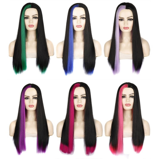 Fashion Medium Haircut Side Bangs Highlight Color Long Straight Wig, Black Ink Green, Black Royal Blue, Black Light Purple, Black Volet, Black Rose Red, Black Pink