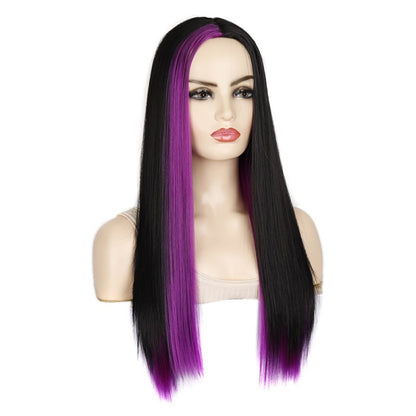 Fashion Medium Haircut Side Bangs Highlight Color Long Straight Wig, Black Ink Green, Black Royal Blue, Black Light Purple, Black Volet, Black Rose Red, Black Pink