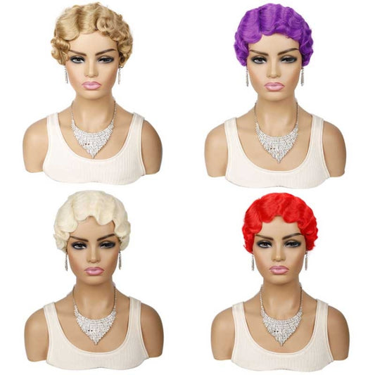 Ladies Short Hair Wig Retro Water Wave Curly Wig, 27 #, 51p #, 613 #, Red #
