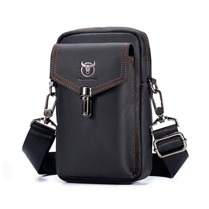 BULL CAPTAIN 076 Retro Leather Mobile Phone Waist Bag Men Leather Messenger Bag, Black, Brown