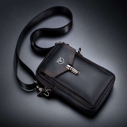 BULL CAPTAIN 076 Retro Leather Mobile Phone Waist Bag Men Leather Messenger Bag, Black, Brown