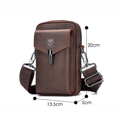 BULL CAPTAIN 076 Retro Leather Mobile Phone Waist Bag Men Leather Messenger Bag, Black, Brown