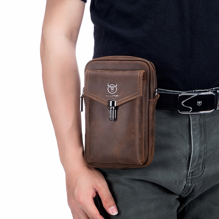 BULL CAPTAIN 076 Retro Leather Mobile Phone Waist Bag Men Leather Messenger Bag, Black, Brown