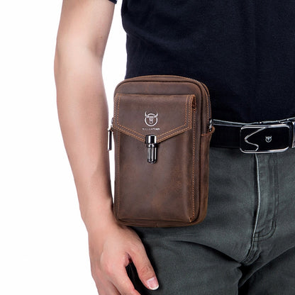 BULL CAPTAIN 076 Retro Leather Mobile Phone Waist Bag Men Leather Messenger Bag, Black, Brown