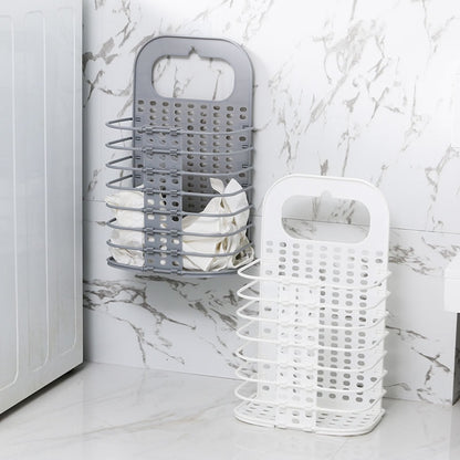 Household Bathroom Wall-Mounted Perforation-Free Folding Dirty Clothes Basket Toy Storage Basket, White, Grey