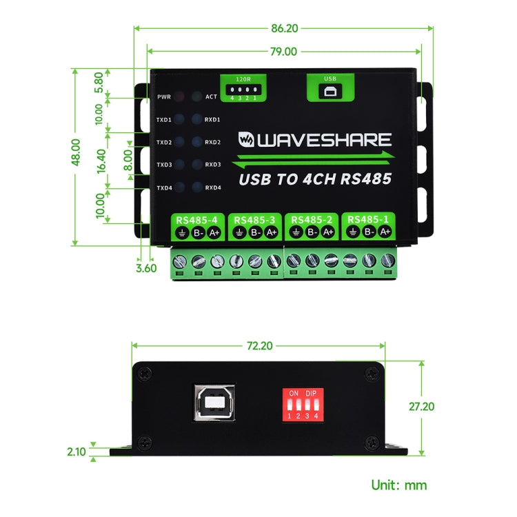 Waveshare 25219 Industrial USB To 4Ch RS485 Converter