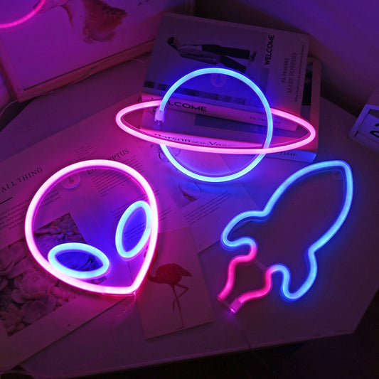 صندوق بطارية USB لإضاءة نيون LED مخصصة للديكور، مزدوج الاستخدام، المواصفات: كائن فضائي، كوكب، صاروخ