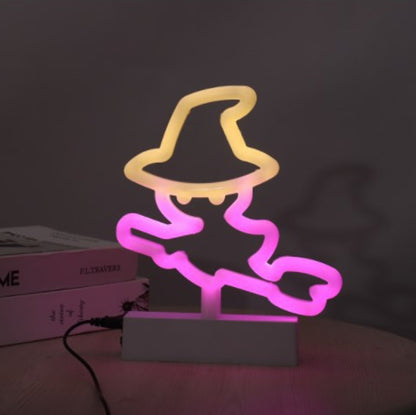 أضواء ديكورية بإضاءة نيون LED لأجواء احتفالية، أضواء ديكورية لمتجر البار، قبعة ساحرة، ساحرة مكنسة، زجاجة مستديرة، زجاجة طويلة، جمجمة، حلوى، بو، خفاش، عين