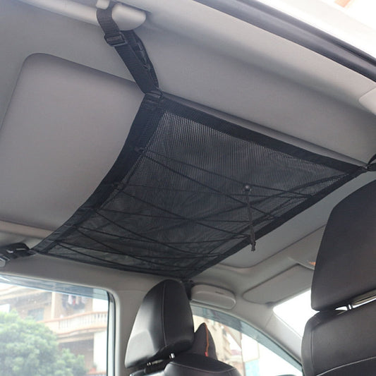 Car Ceiling Storage Net Bag Draw Rope Double-Layer Zipper Car Storage Net Pocket, 80x55cm