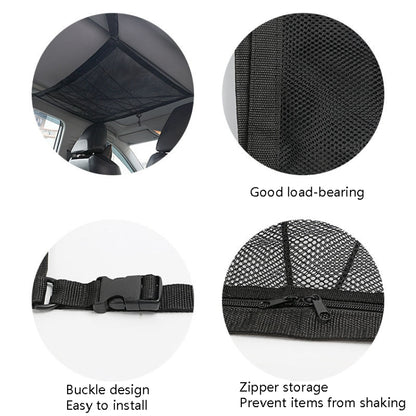 Car Ceiling Storage Net Bag Draw Rope Double-Layer Zipper Car Storage Net Pocket, 80x55cm