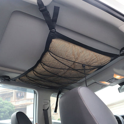Car Ceiling Storage Net Bag Draw Rope Double-Layer Zipper Car Storage Net Pocket, 80x55cm