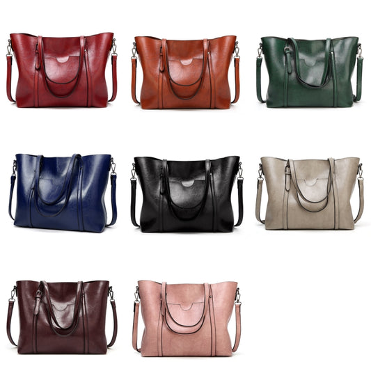 888-G9 Oil Wax Leather All-Match Fashion Handbag, Wine Red, Khaki, Green, Navy Blue, Black, Dark Grey, Deep Purple, Pink