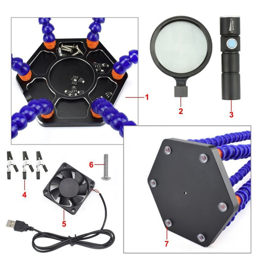 SN6SB-USB Six-Claw LED Lights Welding Station With Magnifying Glass & Fan, SN6SB-USB