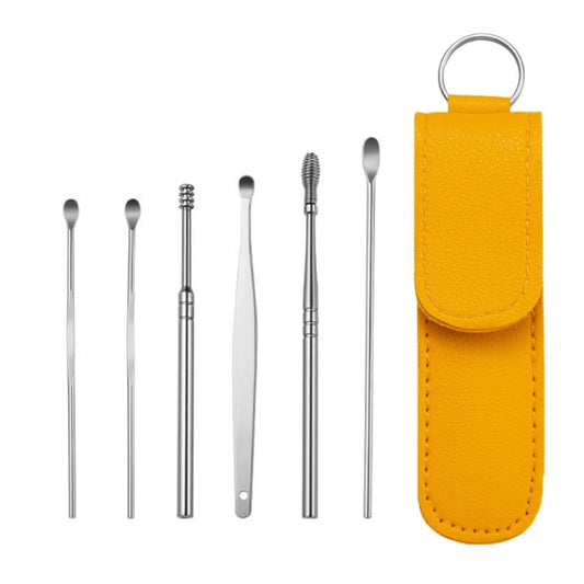 6 In 1 Stainless Steel Spring Spiral Portable Ear Pick, Yellow Leather Case, Pink Leather Case, Yellow, Blue, Pink, Green, Purple, Black