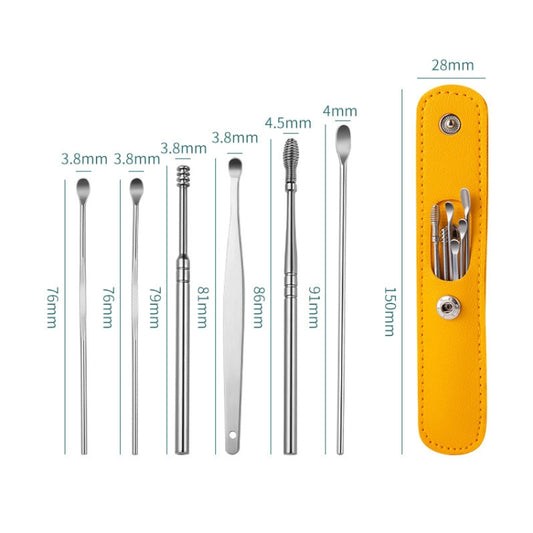 6 In 1 Stainless Steel Spring Spiral Portable Ear Pick, Yellow Leather Case, Pink Leather Case, Yellow, Blue, Pink, Green, Purple, Black
