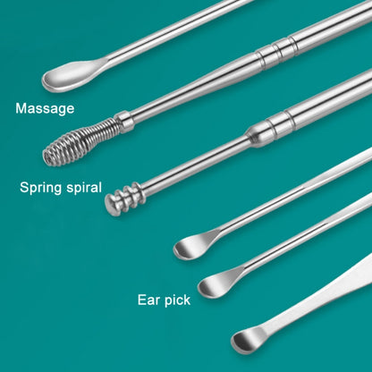 6 In 1 Stainless Steel Spring Spiral Portable Ear Pick, Yellow Leather Case, Pink Leather Case, Yellow, Blue, Pink, Green, Purple, Black